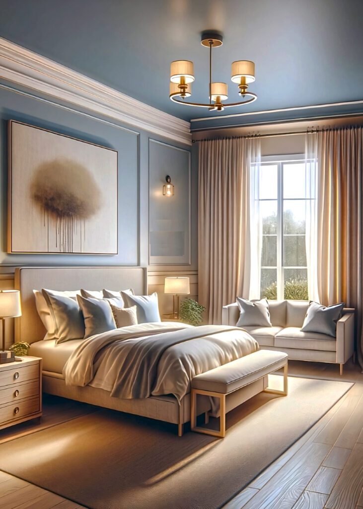 Light-Blue-Bedroom-Walls-with-Beige Curtains.