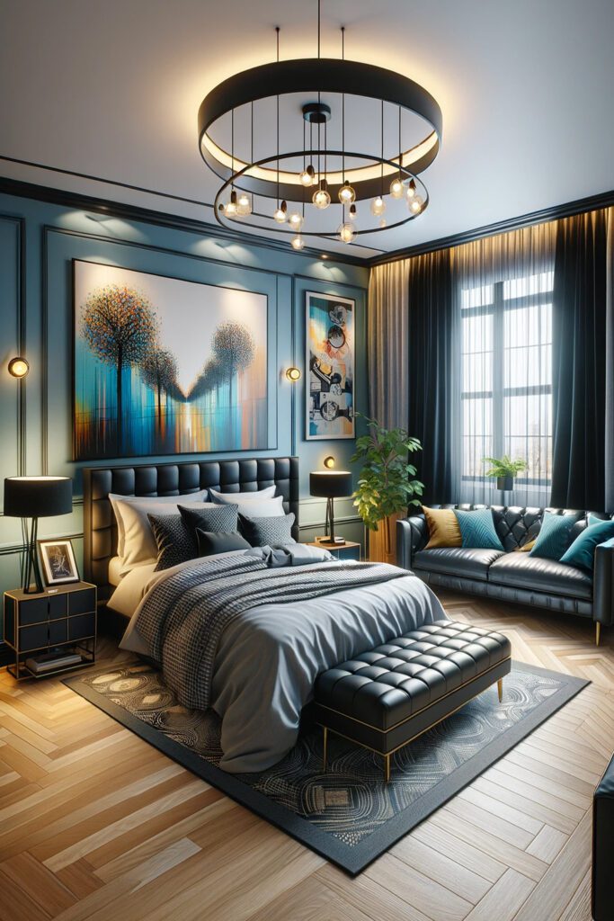 Light-Blue-Bedroom-Walls-with-Black Curtains