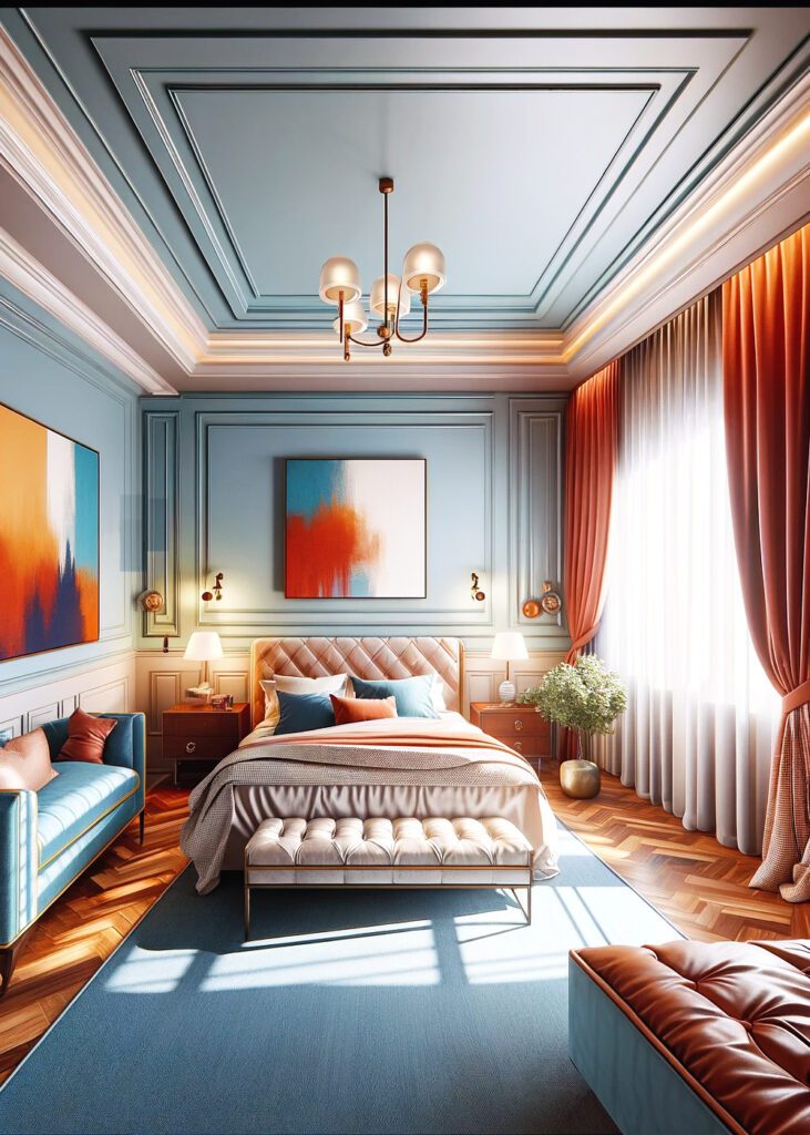 Light-Blue-Bedroom-Walls-with Burnt Orange Curtain