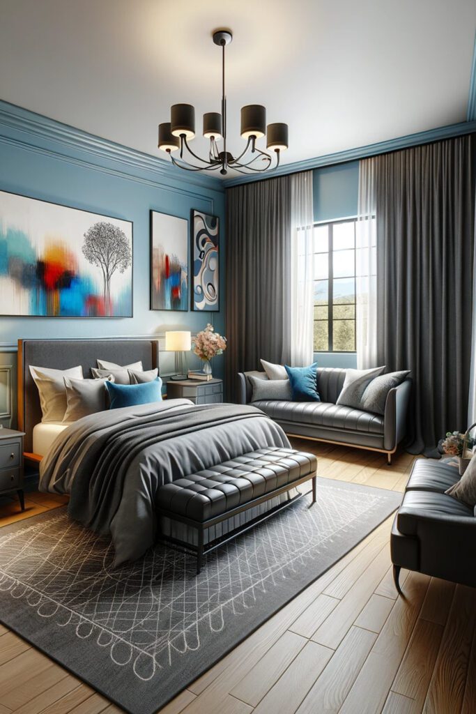 Light-Blue-Bedroom-Walls-with-Charcoal Curtains