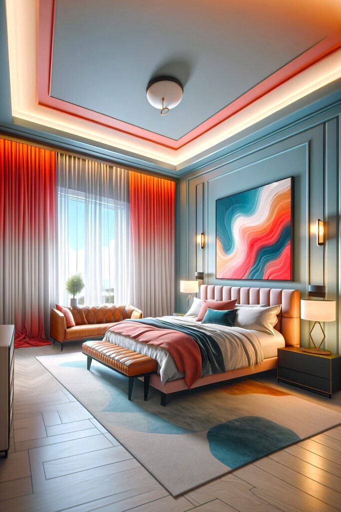 Light-Blue-Bedroom-Walls-with Coral Curtains