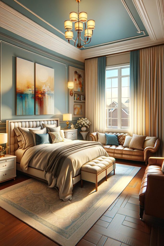 Light-Blue-Bedroom-Walls-with-Cream Curtains