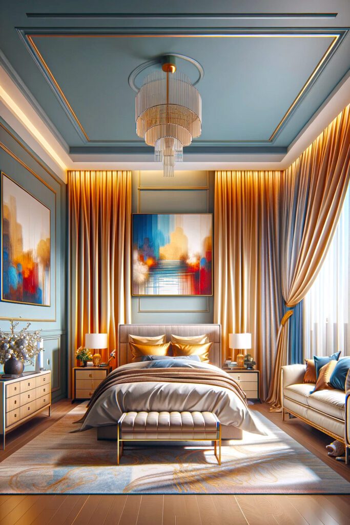 Light-Blue-Bedroom-Walls-with-Gold Curtains