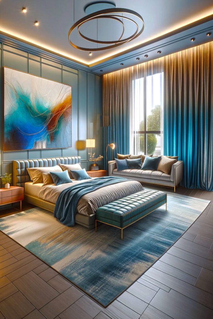 Light-Blue-Bedroom-Walls-with-Metallic Blue Curtain