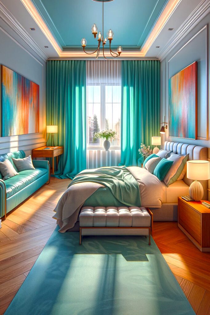 Light-Blue-Bedroom-Walls-with-Mint Green Curtains