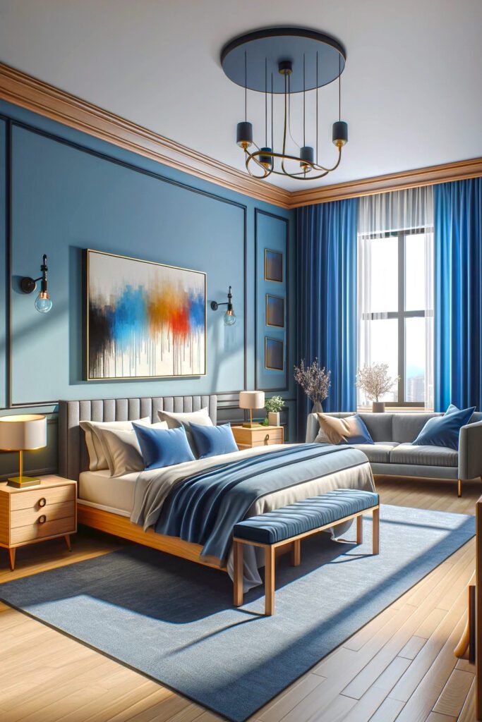 Light-Blue-Bedroom-Walls-with Navy Blue Curtains