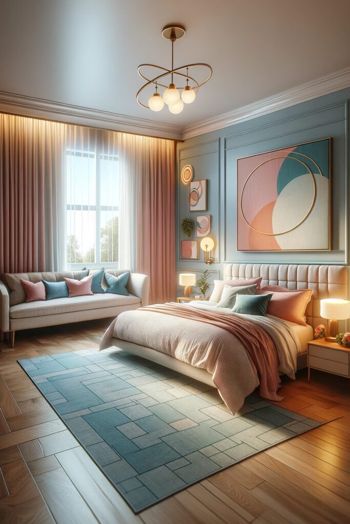 Light-Blue-Bedroom-Walls-with-Pale Pink Curtains