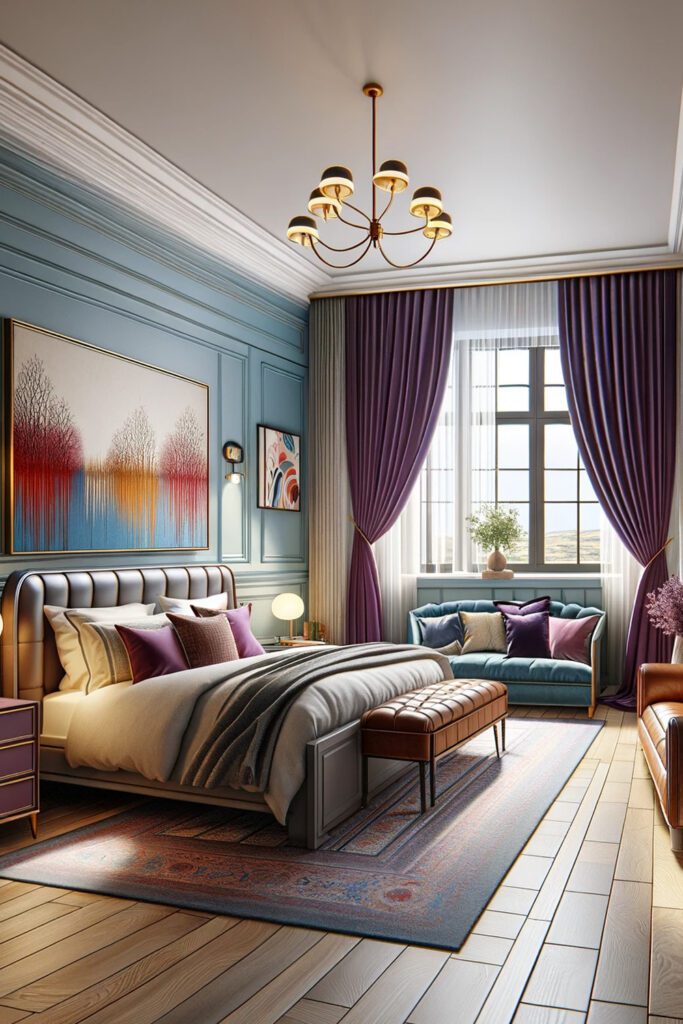 Light-Blue-Bedroom-Walls-with-Plum Curtains