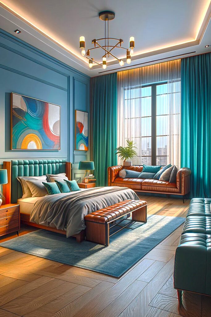 Light-Blue-Bedroom-Walls-with Teal Curtains