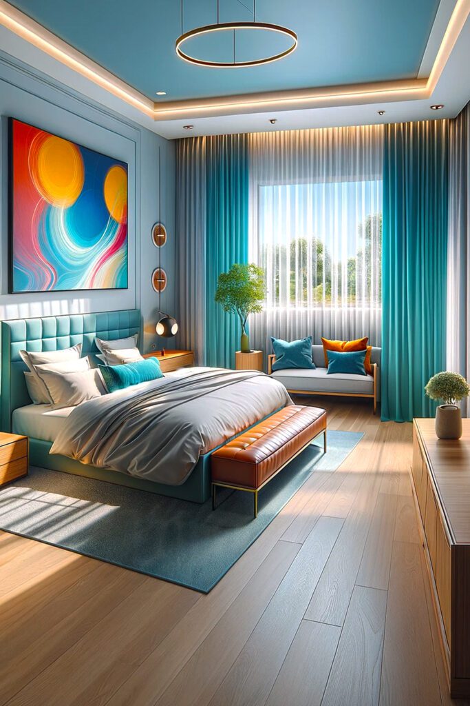 Light-Blue-Bedroom-Walls-with-Turquoise Curtains
