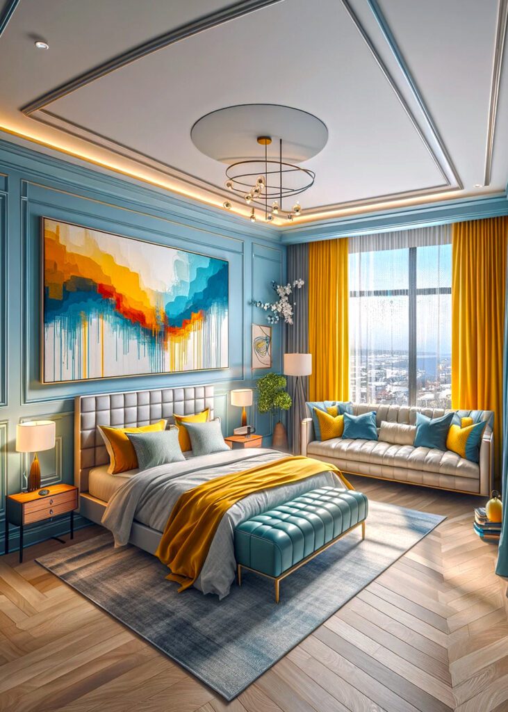 Light-Blue-Bedroom-Walls-withYellow Curtains