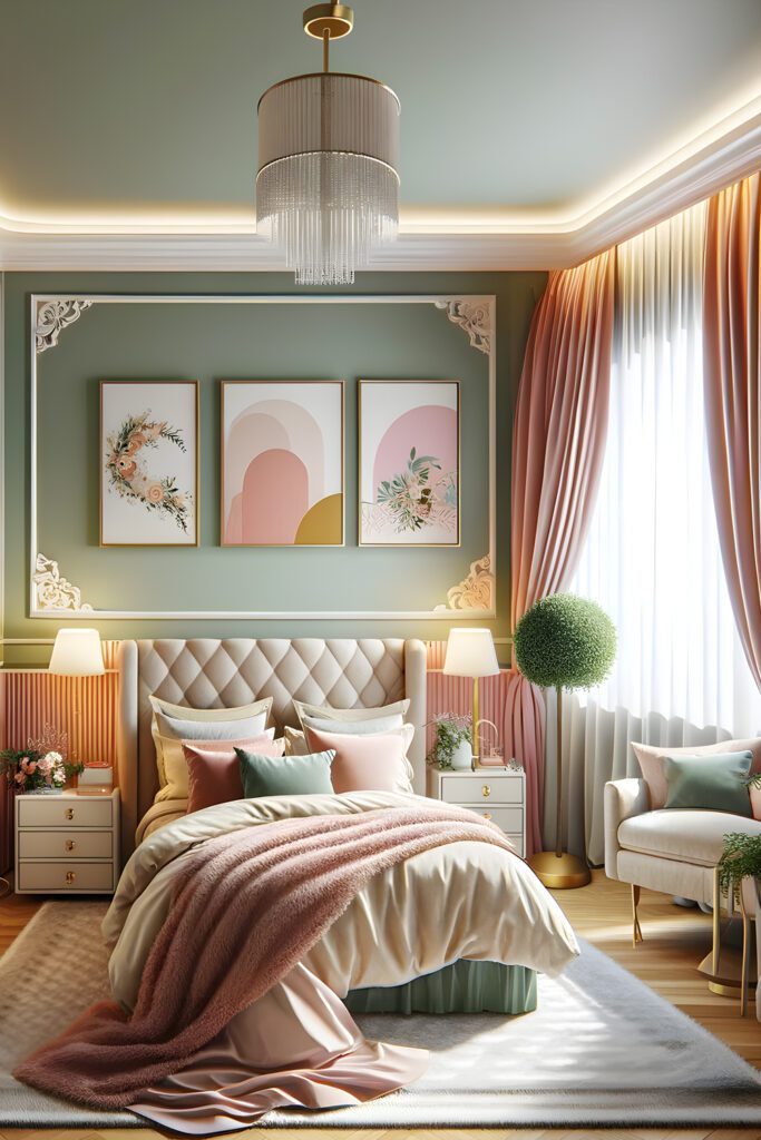 Light-Green-Bedroom-Walls-with-Blush Pink Curtains