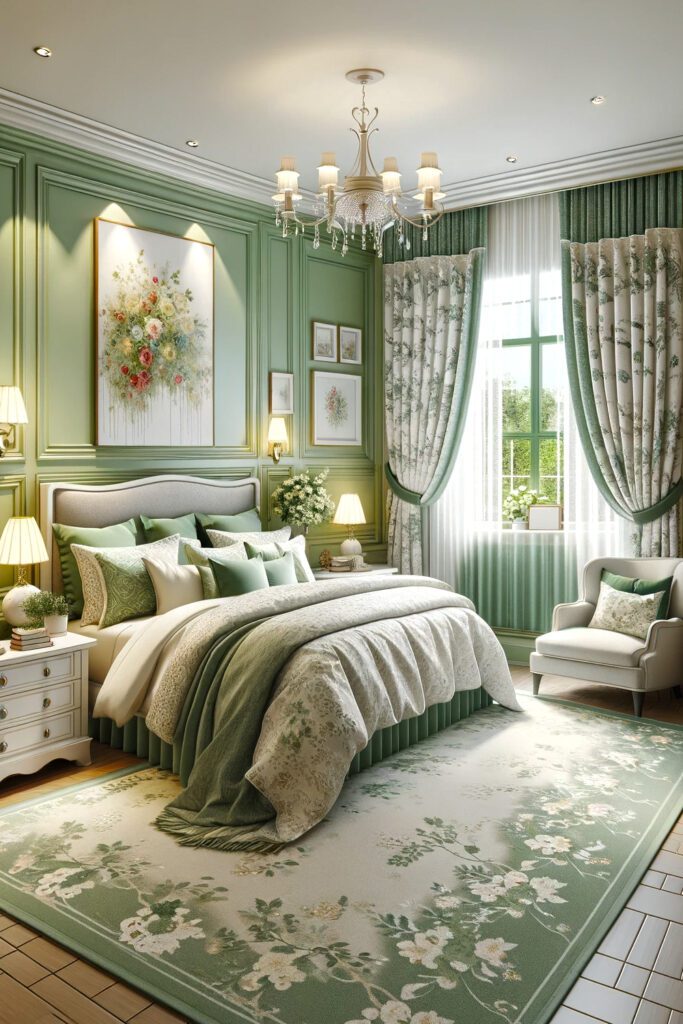 Light-Green-Bedroom-Walls-with-Floral Curtains