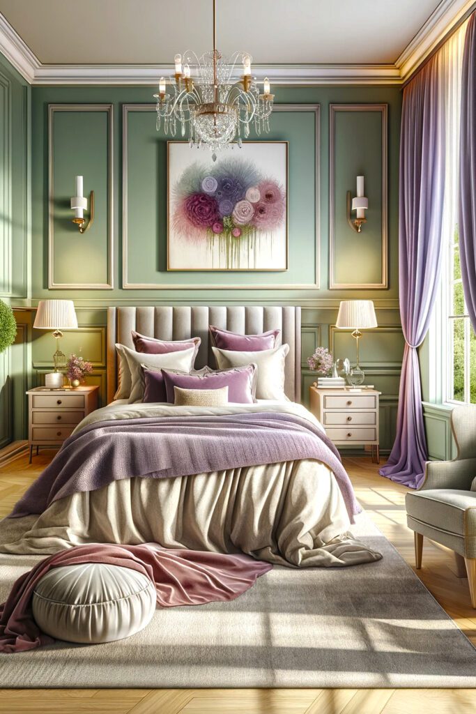 Light-Green-Bedroom-Walls-with-Lavender Curtains