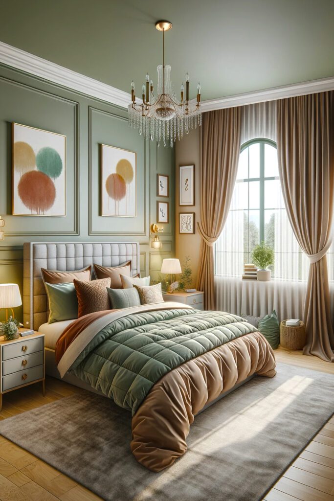 Light-Green-Bedroom-Walls-with-Light-Brown-Curtains