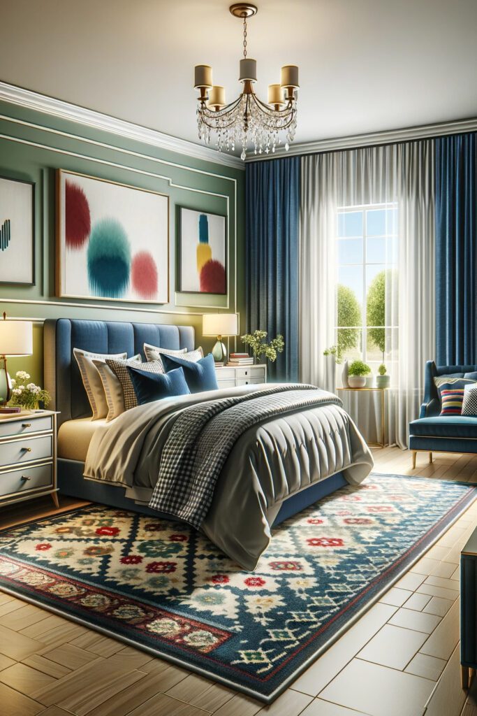 Light-Green-Bedroom-Walls-with-Navy Blue Curtains