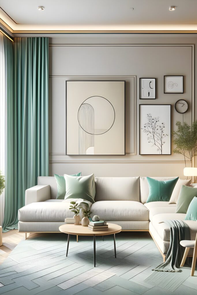 Living-Room-Cream-Walls and Mint Green Curtains