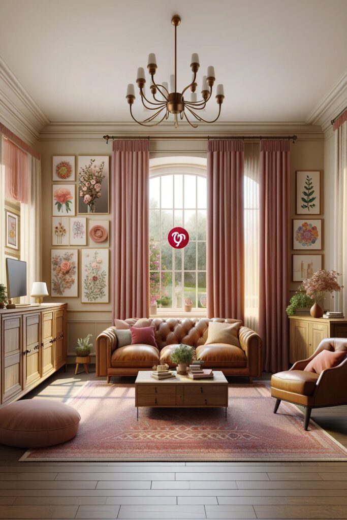 Living-Room-Cream-Walls-with-Dusty Rose Curtains