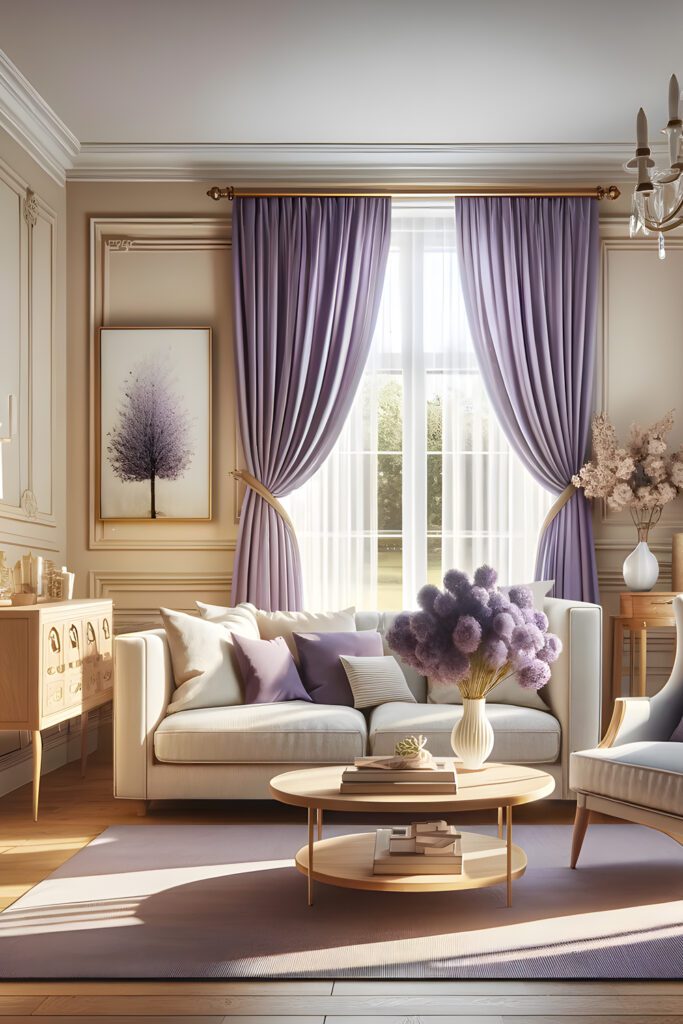 Living-Room-Cream-Walls-with Lavender Curtains