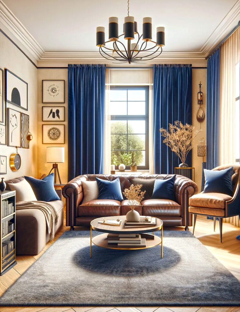 Living-Room-Cream-Walls-with-Navy Blue Curtains