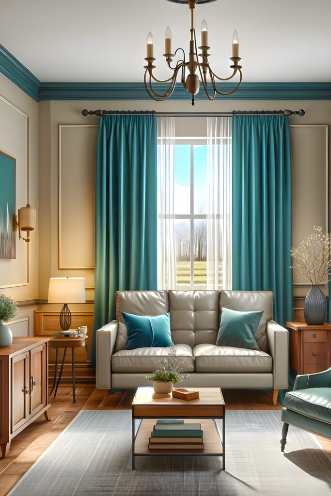 Living-Room-Cream-Walls-with-Teal Curtains