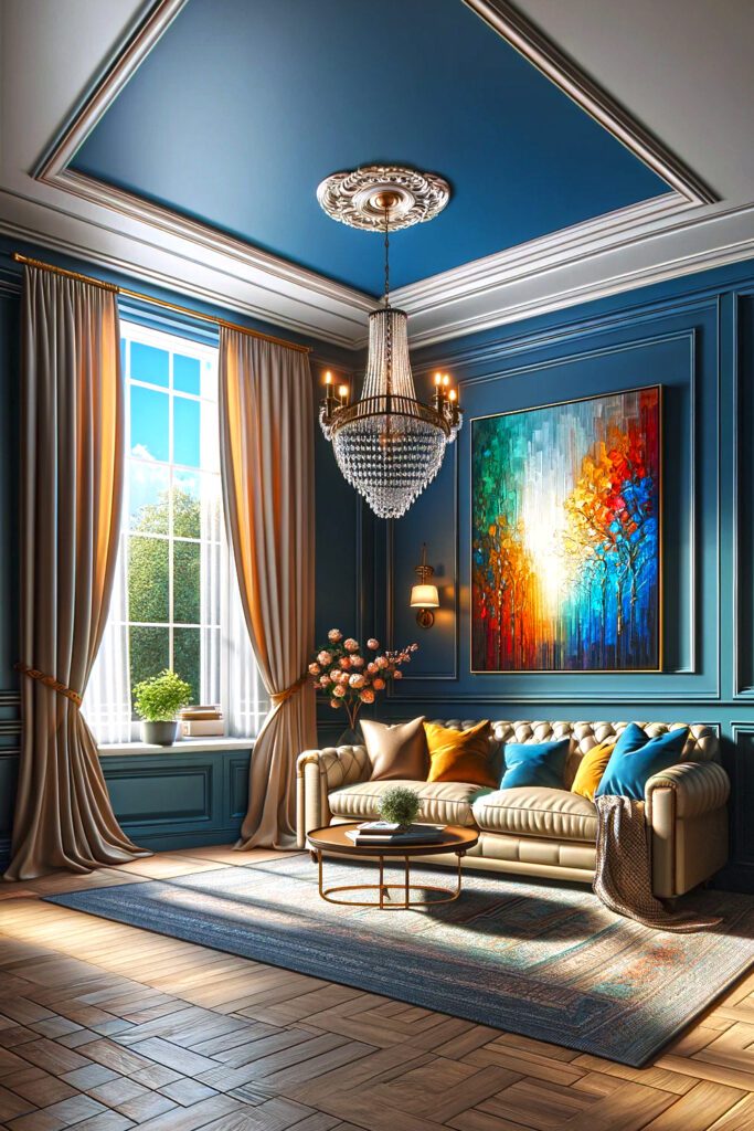 Living-Room-with-Blue-Walls-and Beige-Curtains