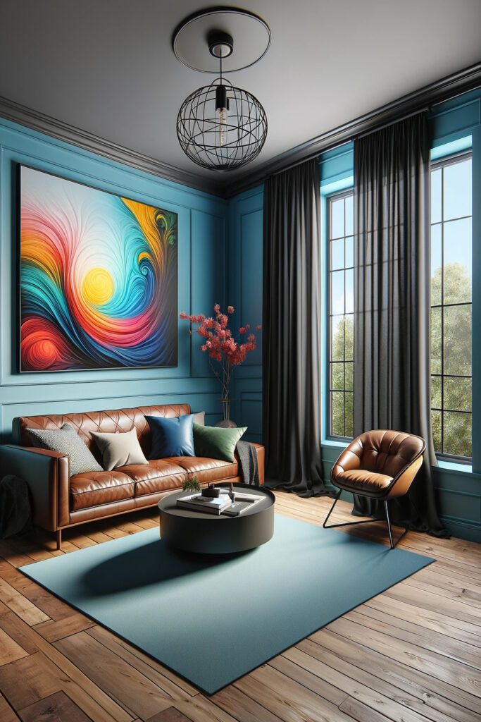 Living-Room-with-Blue-Walls-and-Black Curtains.
