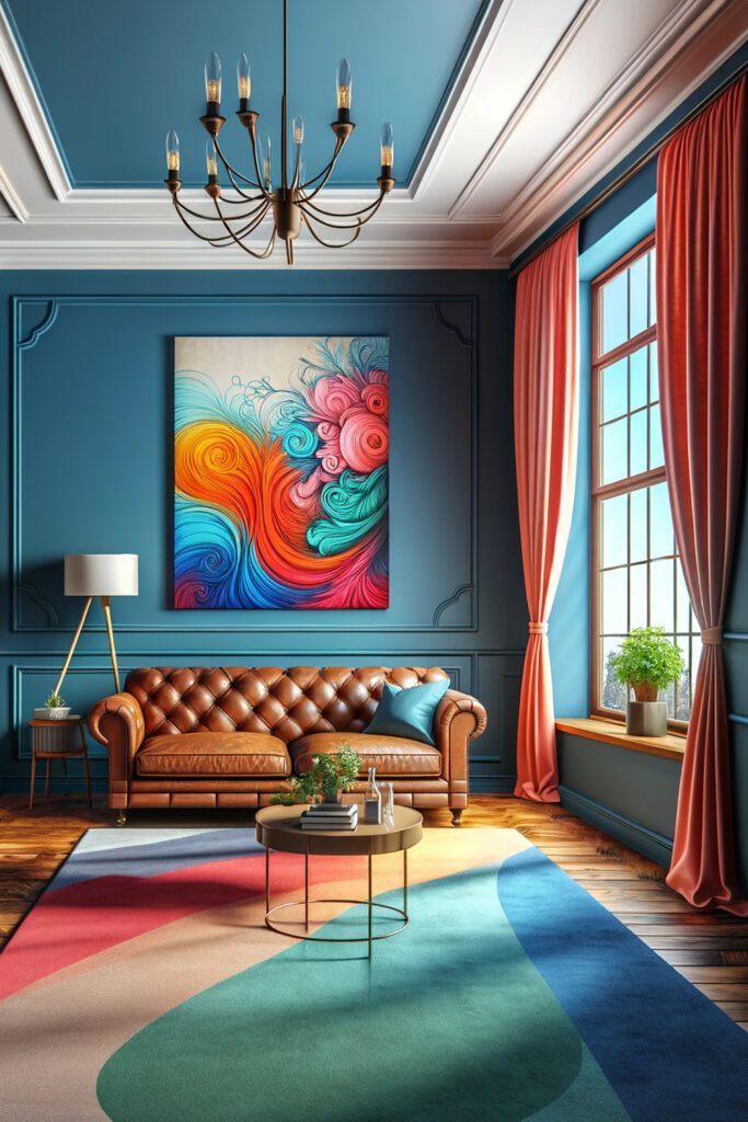 Living-Room-with-Blue-Walls-and-Coral Curtains