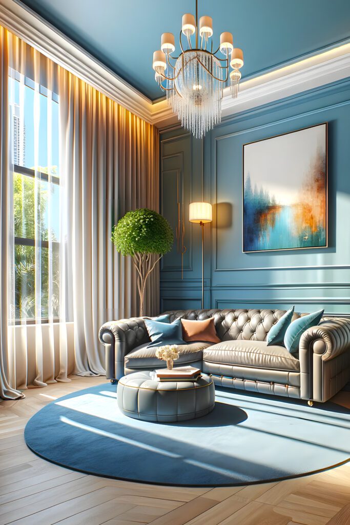 Living-Room-with-Blue-Walls-and-Cream Curtains.