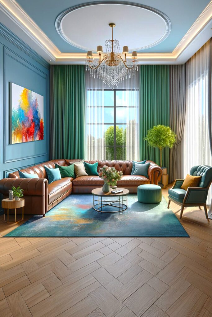 Living-Room-with-Blue-Walls-and-Emerald green -Curtain