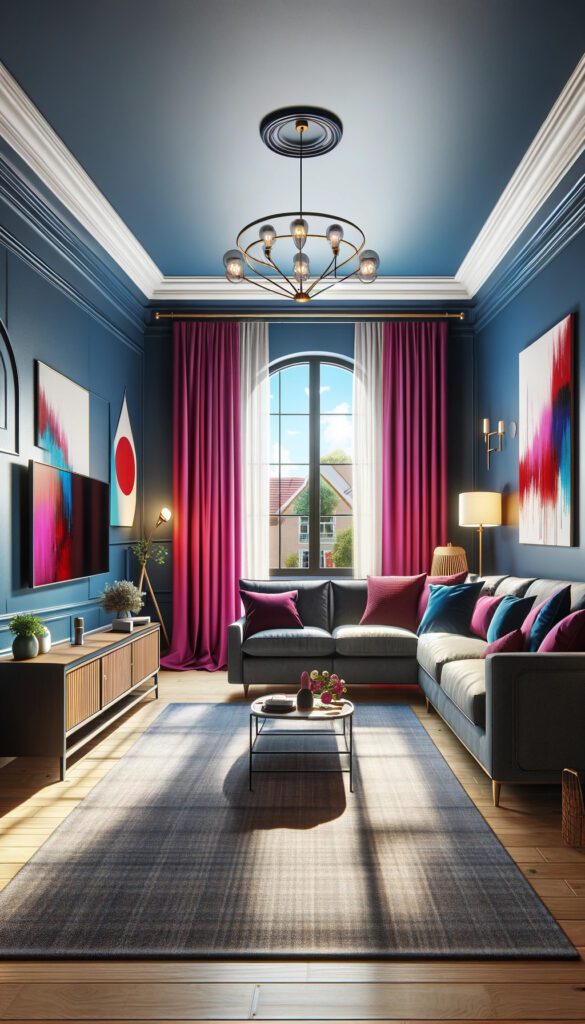 Living-Room-with-Blue-Walls-and-Fuchsia Curtains