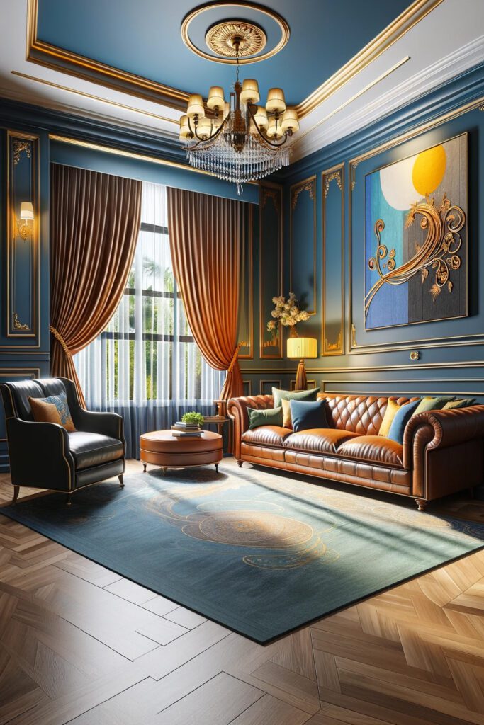 Living-Room-with-Blue-Walls-and Gold Curtains