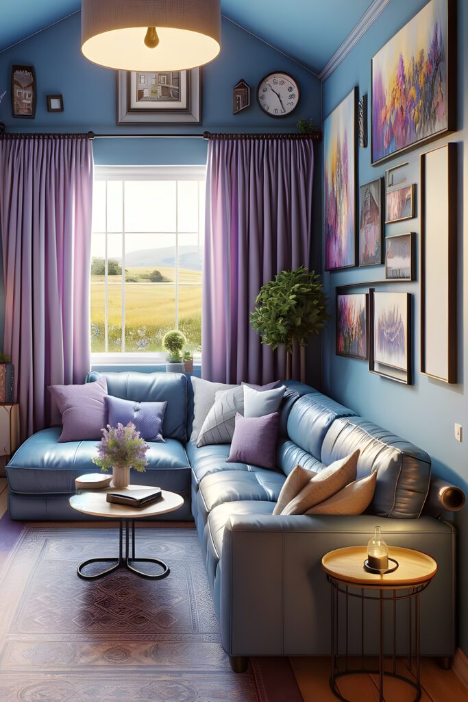 Living-Room-with-Blue-Walls-and-Lavender Curtains