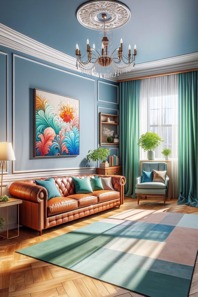 Living-Room-with-Blue-Walls-and-Mint Green Curtains