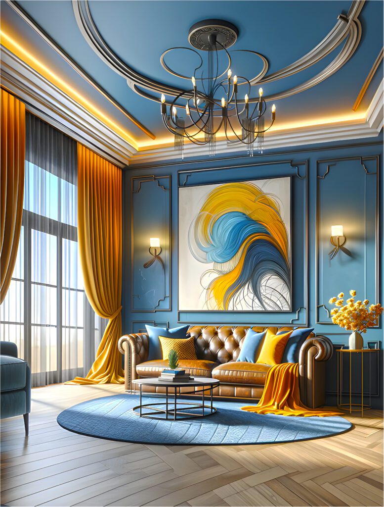 Living-Room-with-Blue-Walls-and-Mustard Yellow Curtains