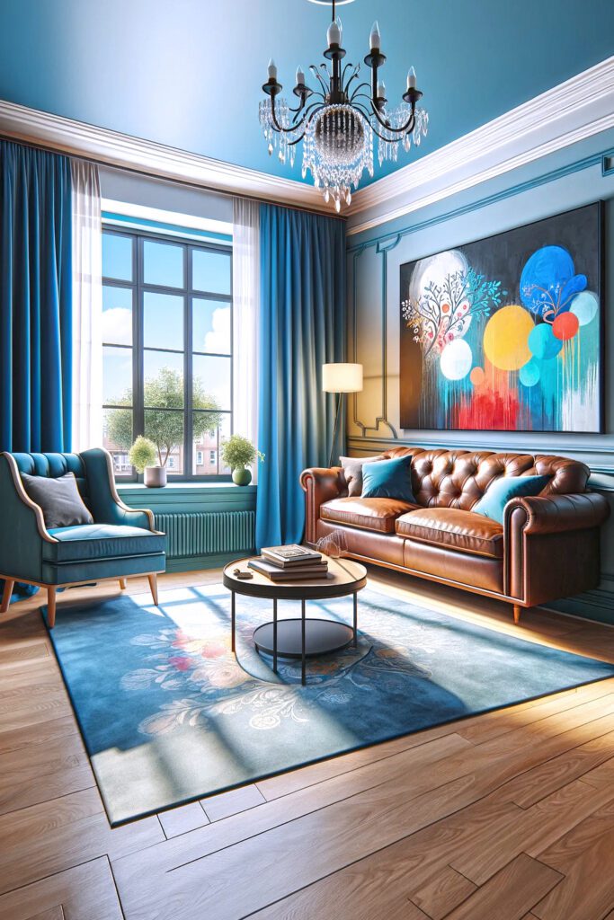 Living-Room-with-Blue-Walls-and Navy Blue Curtains