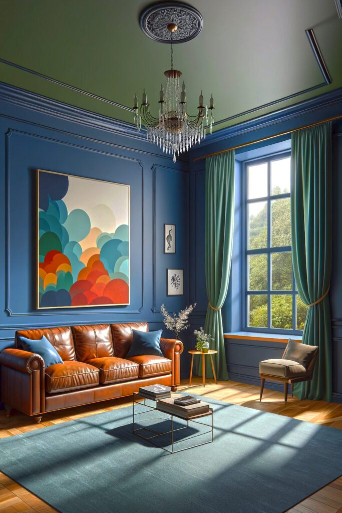 Living-Room-with-Blue-Walls-and-Olive green-Curtains
