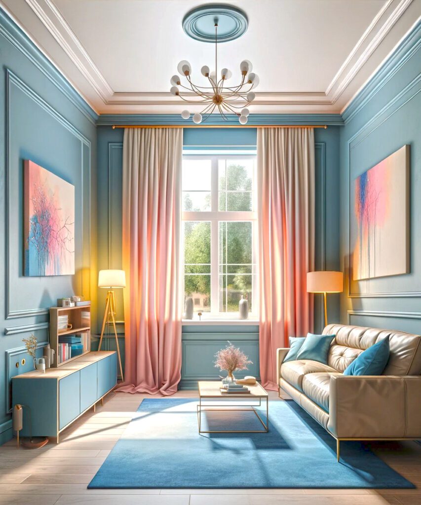 Living-Room-with-Blue-Walls-and-Pink Curtains
