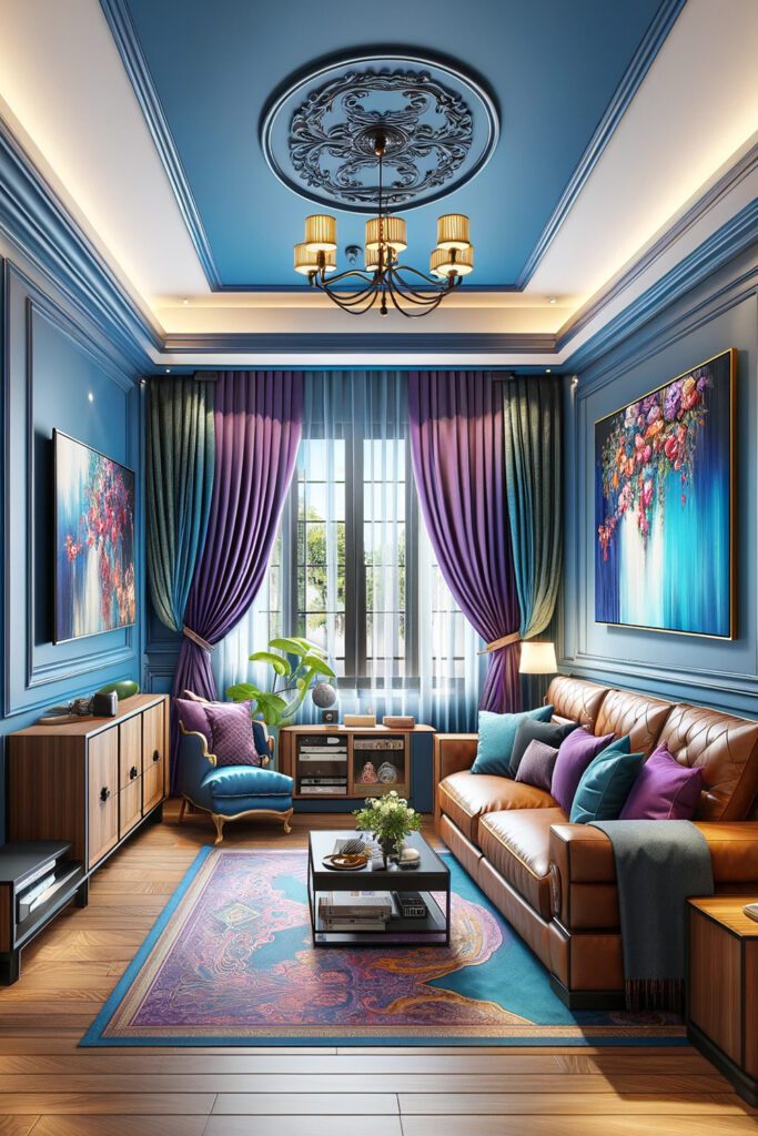 Living-Room-with-Blue-Walls-and-Purple Curtains