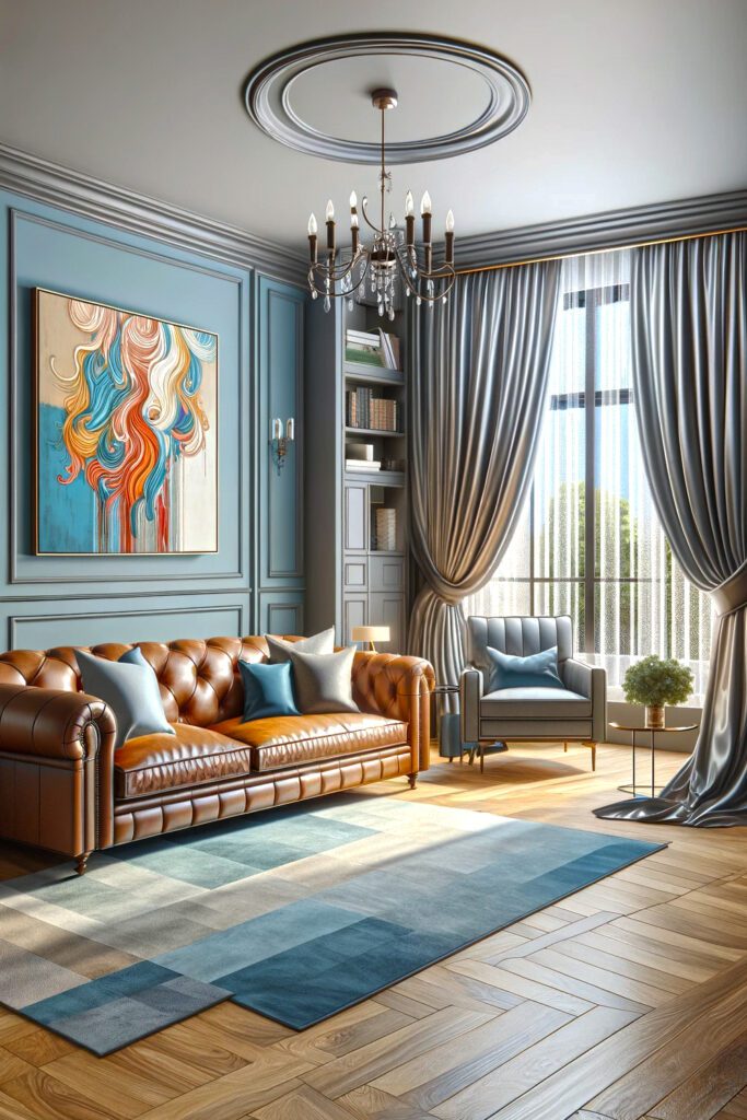 Living-Room-with-Blue-Walls-and-Silver Curtains