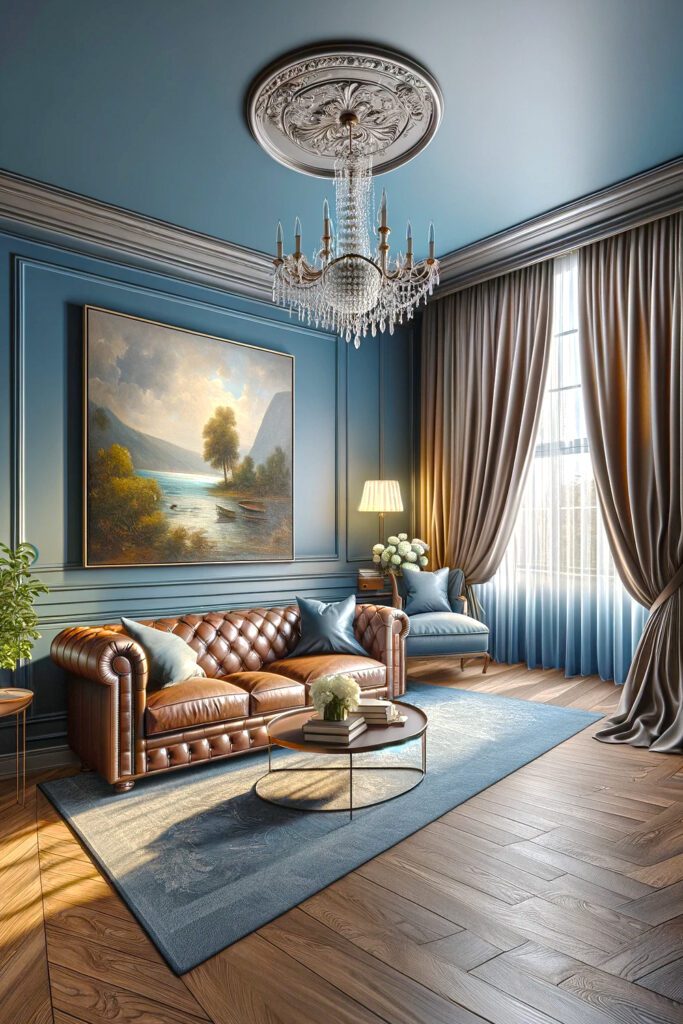 Living-Room-with-Blue-Walls-and-Taupe Curtains