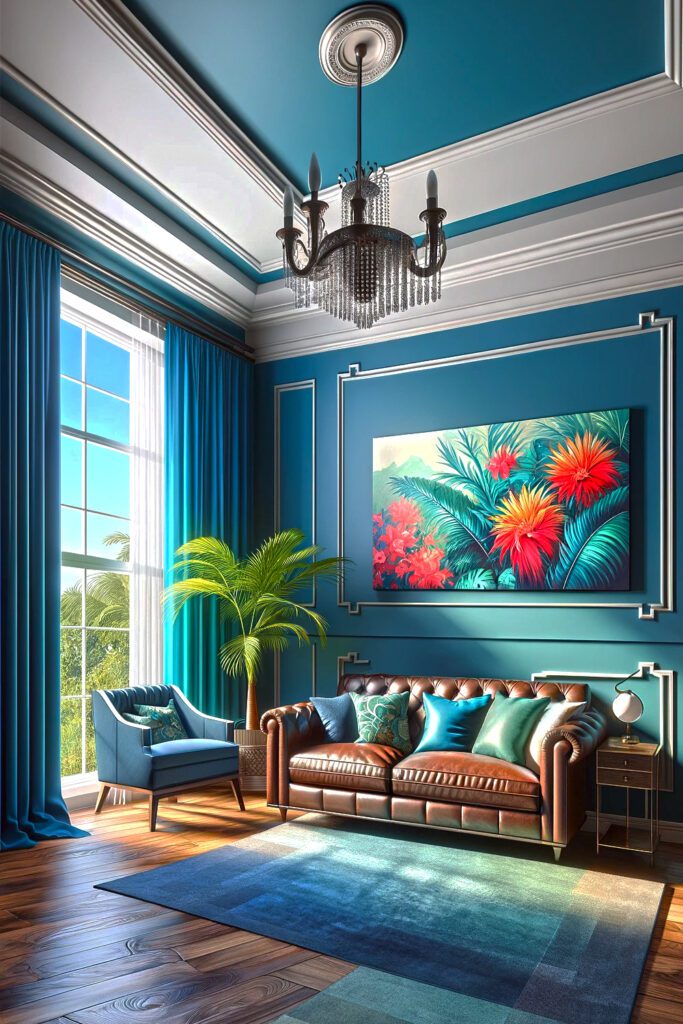 Living-Room-with-Blue-Walls-and-Teal-Curtains.