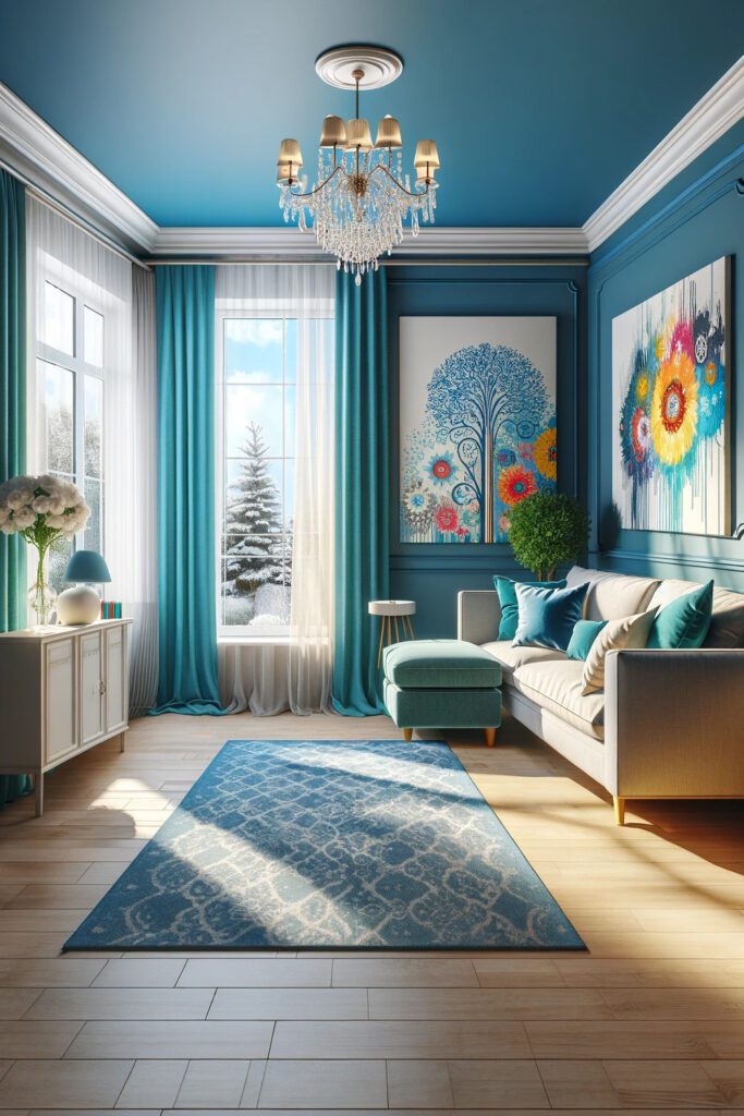 Living-Room-with-Blue-Walls-and-Turquoise Curtains