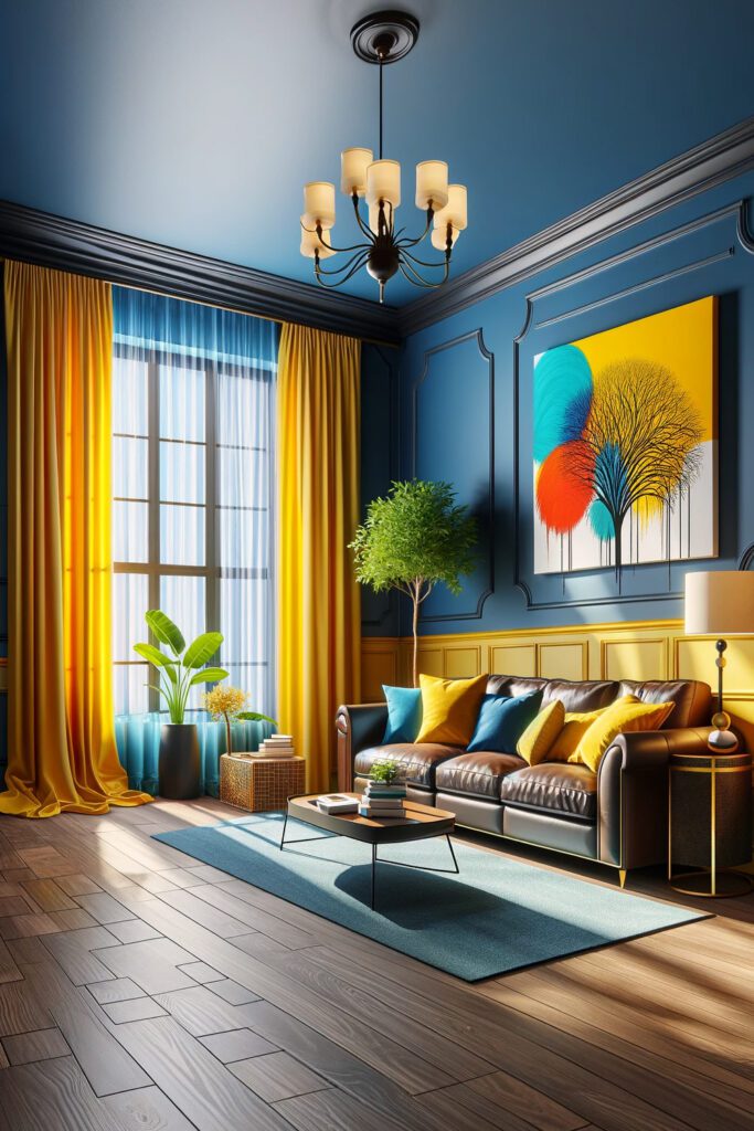 Living-Room-with-Blue-Walls-and-Yellow Curtains