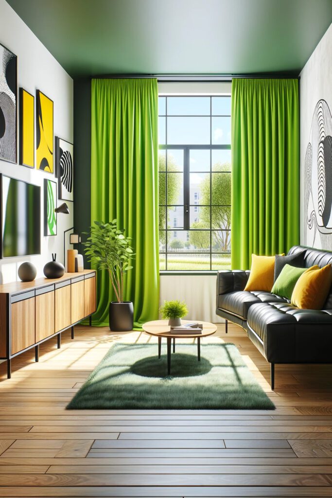 Living-Room-with-Bright lime Green-Curtains