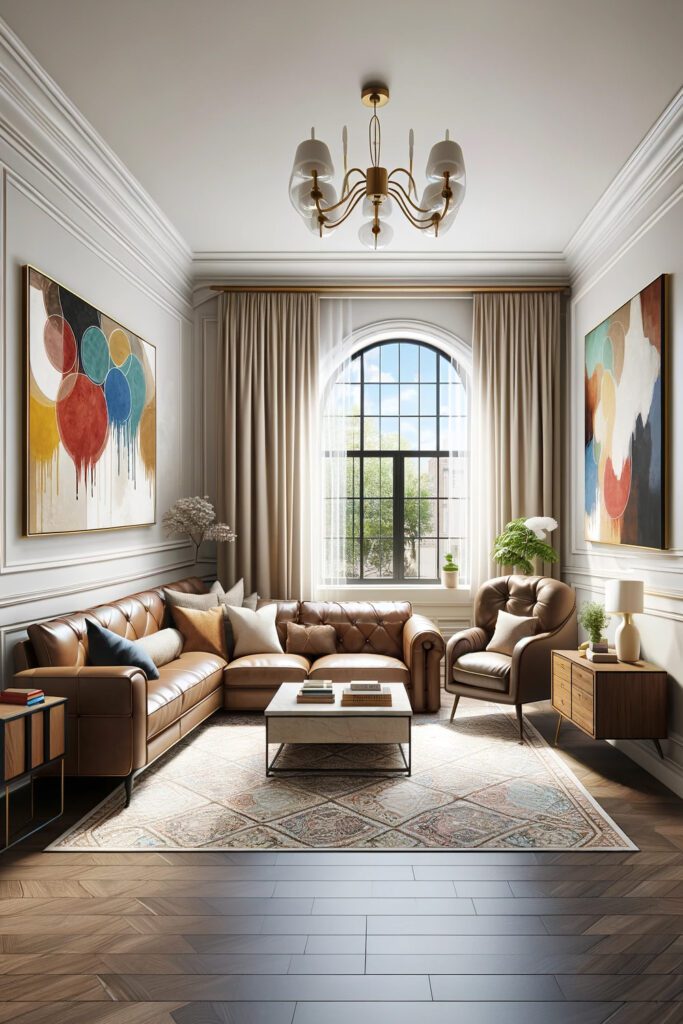 Living-Room-with-Brown-Furniture-and-Beige Curtains