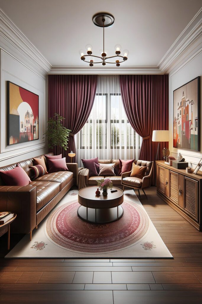 Living-Room-with-Brown-Furniture-and-Burgundy-Curtain