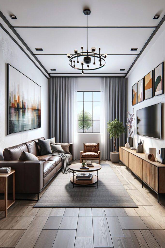 Living-Room-with-Brown-Furniture-and-Charcoal Gray-Curtains