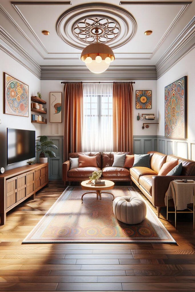 Living-Room-with-Brown-Furniture-and Copper-Curtains