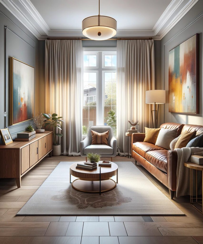 Living-Room-with Brown Furniture and Cream Curtains